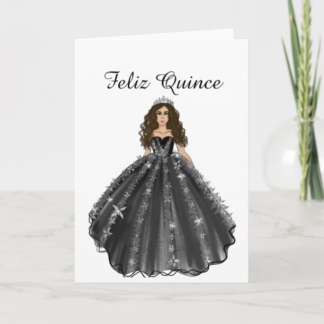 Feliz Quince Black Quinceañera Birthday Card  (Front)