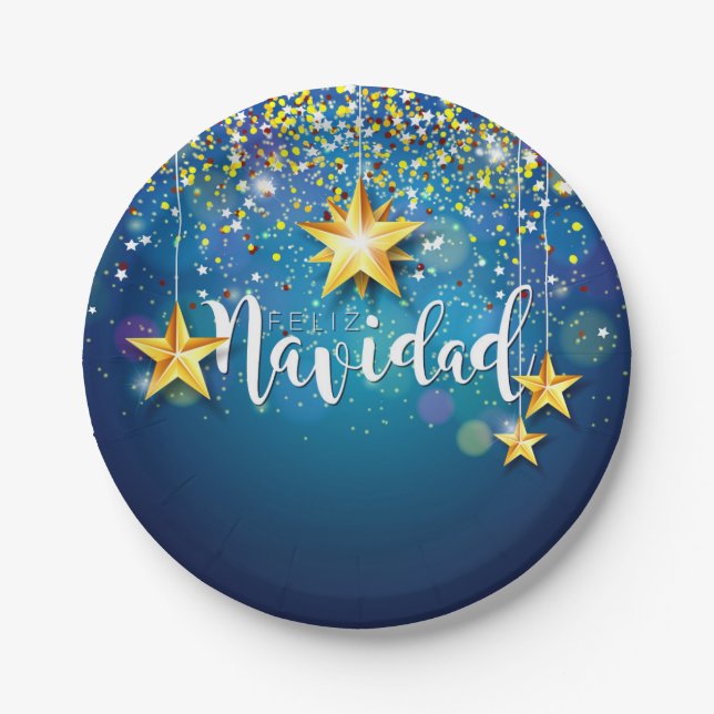 Felize Navidad Gold Stars Christmas 7" Paper Plates (Front)