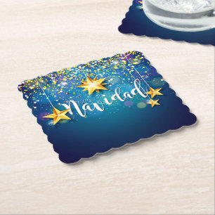 Felize Navidad Gold Stars Christmas Paper Coaster