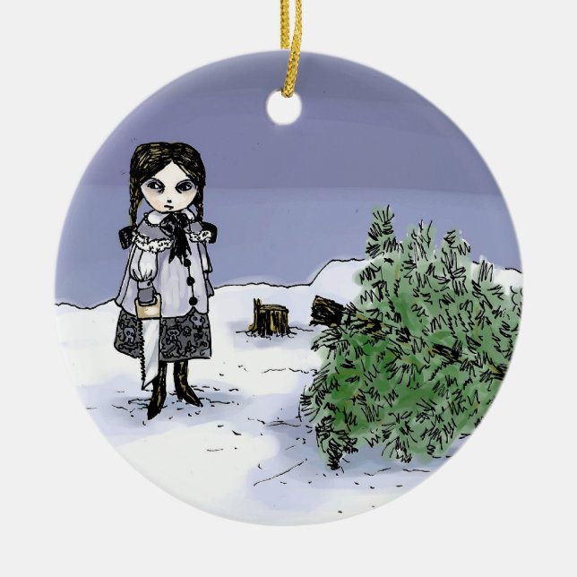 Felling the Holiday Tree Ceramic Ornament (Front)