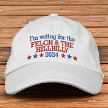 Felon and Hillbilly Funny Trump Vance 2024 Embroidered Baseball Cap<br><div class="desc">Trump Vance 2024 funny quote. Donald Trump 2024, I'm voting for the convicted felon and the hillbilly. . Funny meme quote hat for the JD Vance and Trump supporter dad, husband, friend or anyone makes a bold statement. Trump 2024 with red white and blue stars on a classic hat with...</div>