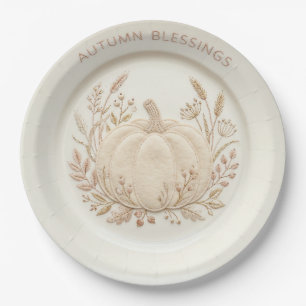 Felt Applique Autumn Blessings White Pumpkin Paper Plates