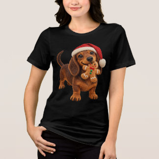 Felt Dachshund Christmas Puppy with Gingerbread Tri-Blend Shirt