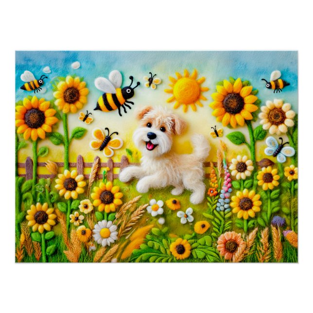 Felt Dog with Bees in a Sunflower Garden Poster (Front)