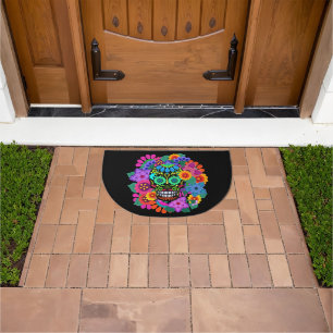 Felt Look Flowers and Sugar Skull Beautiful Doormat