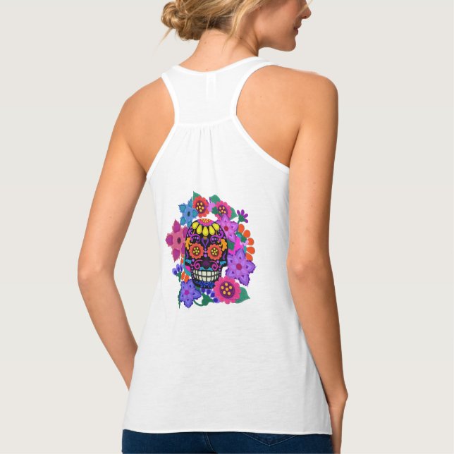 Felt Look Skull and Flowers | Day of the Dead Tank Top (Back)