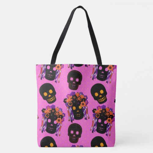 Felt Look Skulls on Pink Halloween Treat Bag
