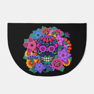 Felt Look Sugar Skull and Flowers Beautiful Doormat