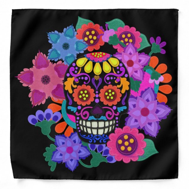 Felt Look Sugar Skull Floral Wreath Bandana (Front)