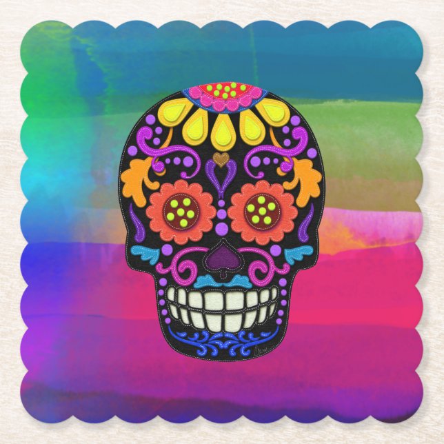 Felt Look Sugar Skull Watercolor Background Paper Coaster (Front)