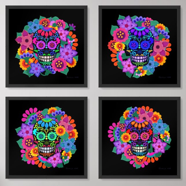 Felt Look Sugar Skulls and Flowers Beautiful Wall Art Sets (Front)