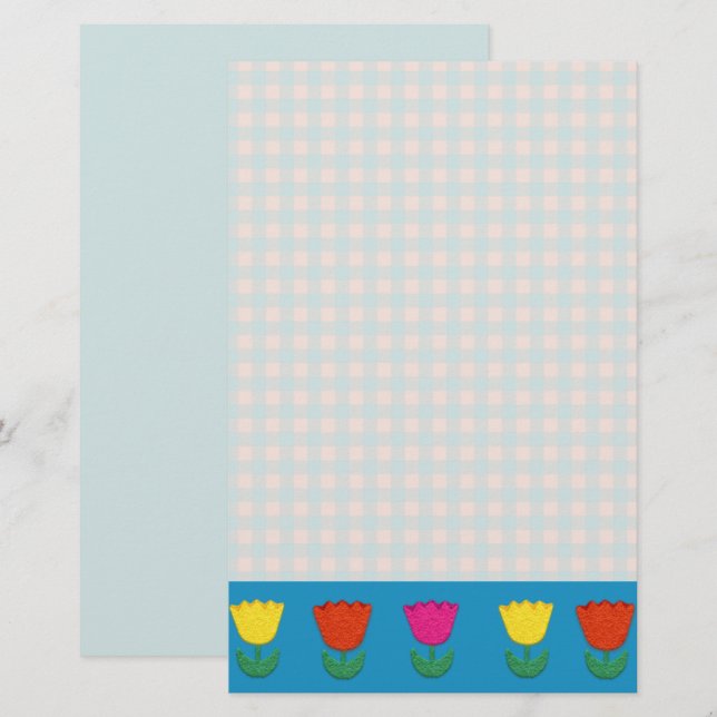 Felt Look Tulips and Gingham Checks Country Style Stationery (Front/Back)