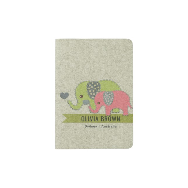 FELT PATCHWORK PINK BABY MUM ELEPHANT MONOGRAM PASSPORT HOLDER (Front)