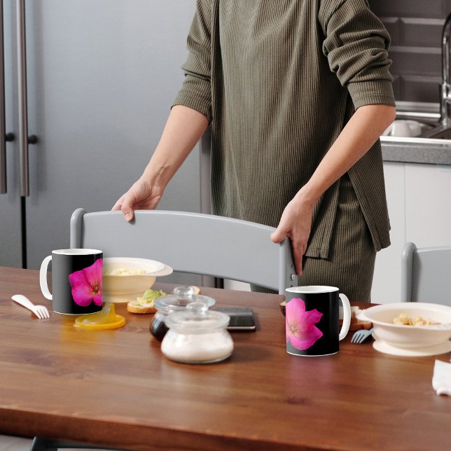 Felt pen pink rose  coffee mug (A breakfast table with two mugs ornated with a beautiful pink felt pen rose by fantabuloustef.)