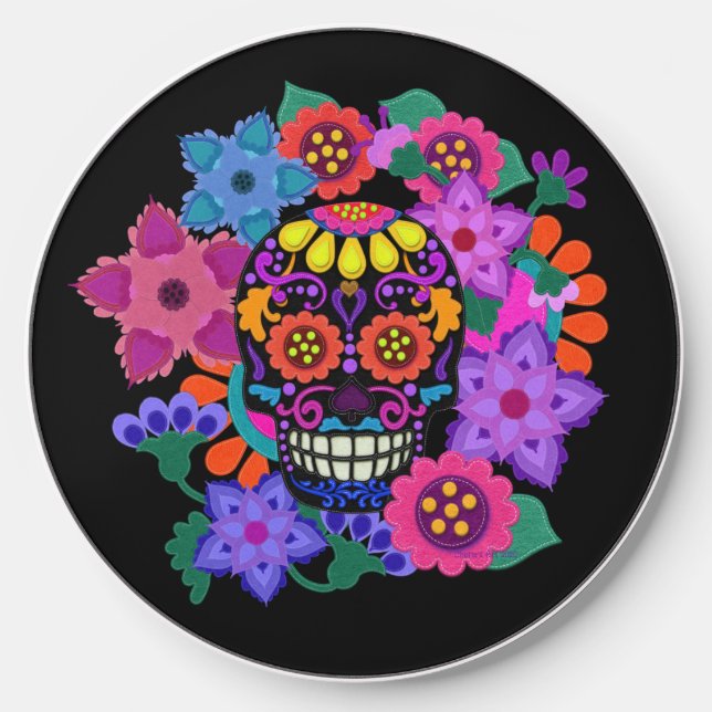 Felt Style Sugar Skull with Flowers Beautiful Wireless Charger (Front)
