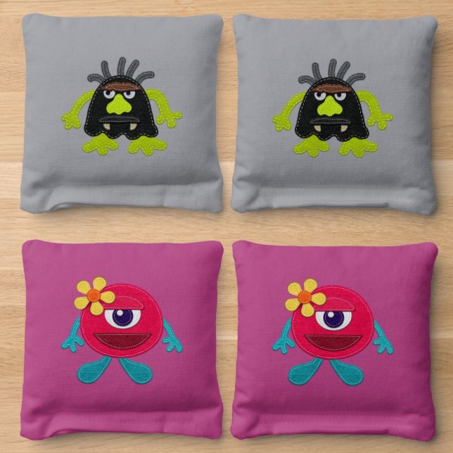 Felt Style Whimsical Monsters Cornhole Bags (Wood)