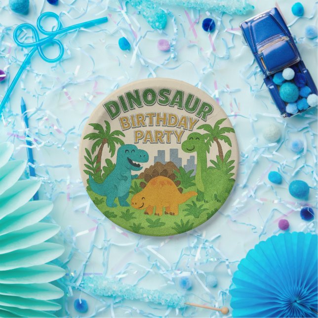 Felt Texture Jurassic Playground Dinosaur Birthday Paper Plates (Party)