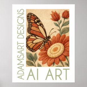 Felted Monarch Butterfly Floral Folk Art Poster