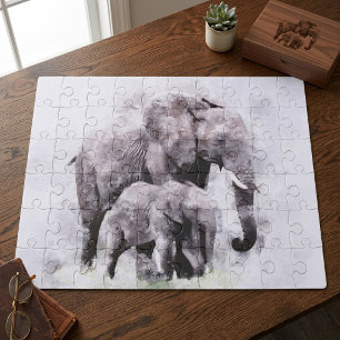 Female African Elephant with Calf Watercolor Jigsaw Puzzle