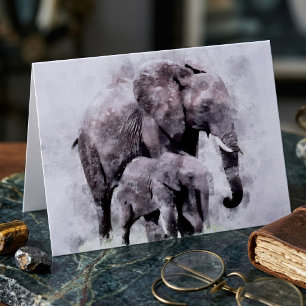 Female African Elephant with Calf Watercolor Letterpress Thank You Card