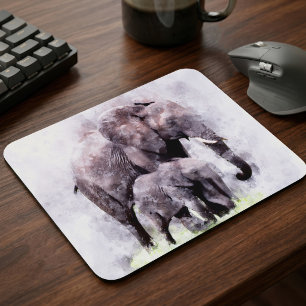Female African Elephant with Calf Watercolor Mouse Pad