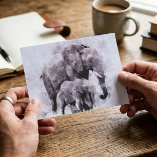 Female African Elephant with Calf Watercolor Postcard