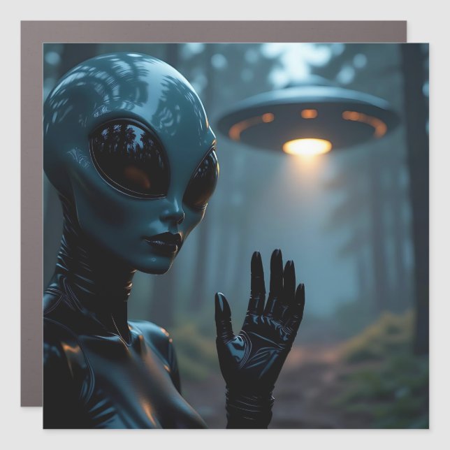 Female Alien Extraterrestrial and UFO Car Magnet (Front)
