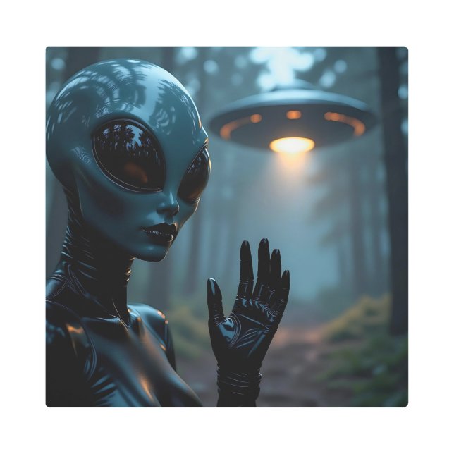 Female Alien Extraterrestrial and UFO Metal Print (Front)