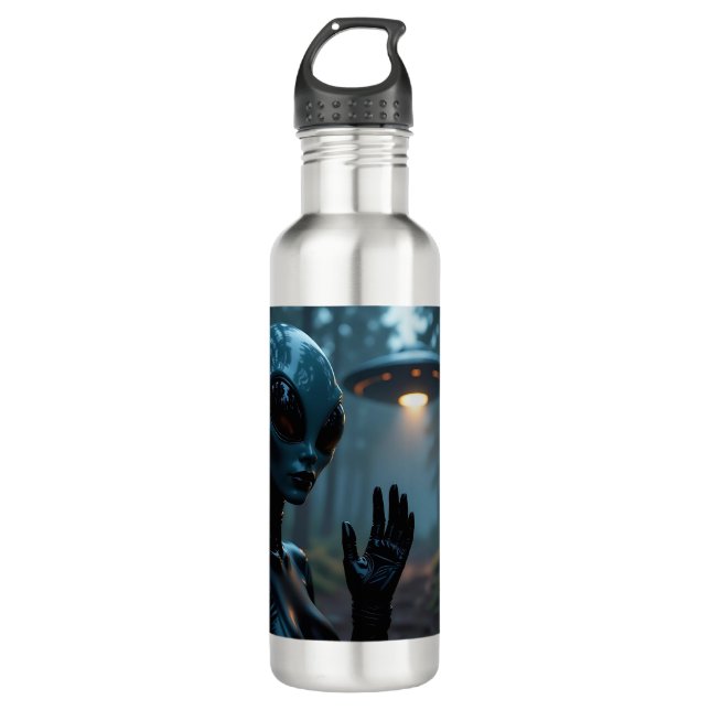 Female Alien Extraterrestrial and UFO Stainless Steel Water Bottle (Front)