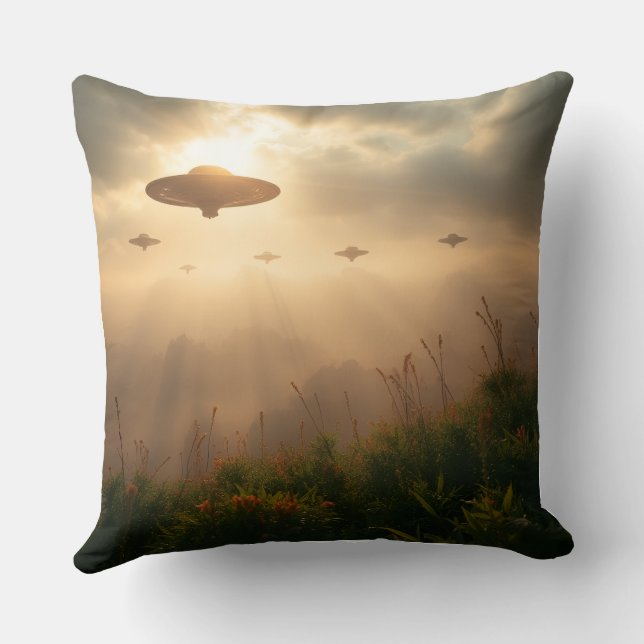 Female Alien Holding Kittens Throw Pillow (Back)
