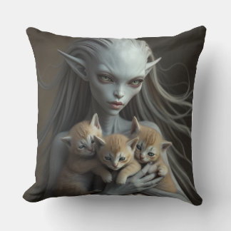 Female Alien Holding Kittens Throw Pillow