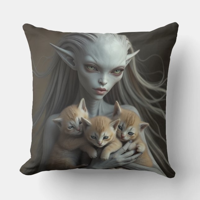 Female Alien Holding Kittens Throw Pillow (Front)