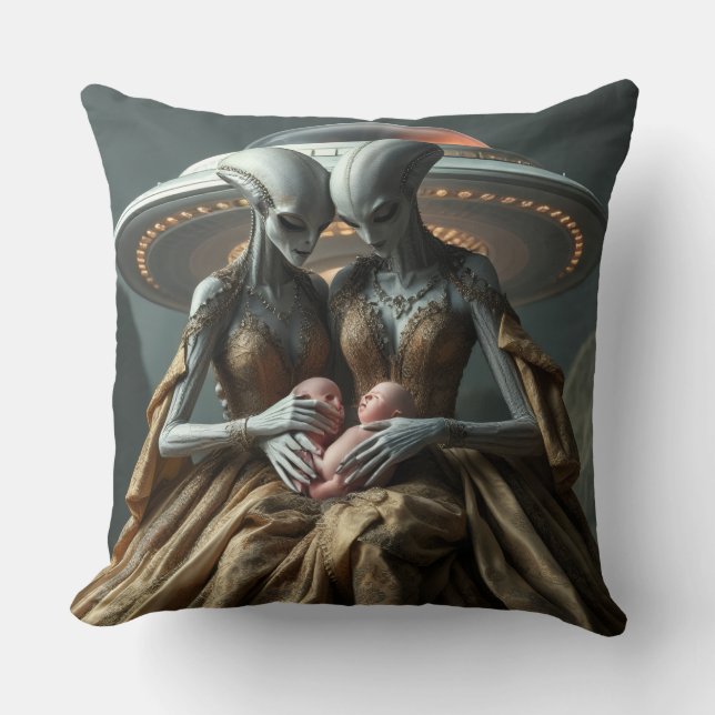 Female Aliens Cradling Human Babies Throw Pillow (Front)
