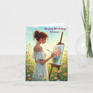 Female Artist Painting Flowers in a Field Birthday Card