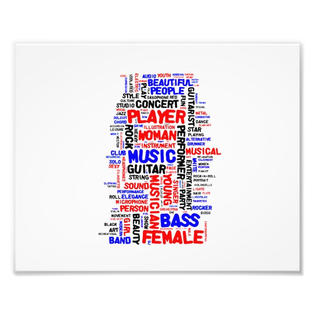 Female bass player wordle 1 red blue black photo print (Front)