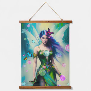 Female Blue Hair Fairy Portrait in Green Dress Hanging Tapestry