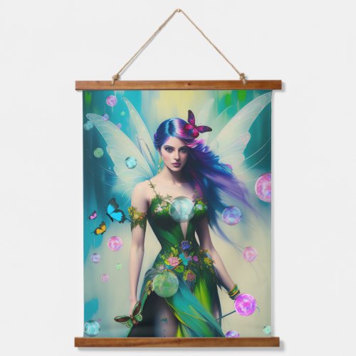 Female Blue Hair Fairy Portrait in Green Dress Hanging Tapestry