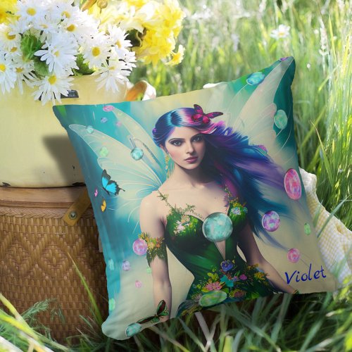 Female Blue Hair Fairy Portrait in Green Dress Throw Pillow