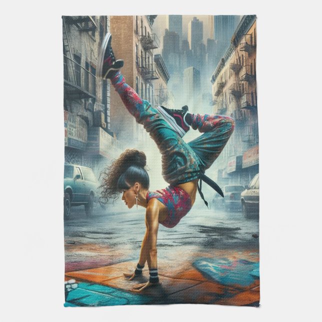 Female Breakdancer NYC – Urban B-Girl Art Kitchen Towel (Vertical)