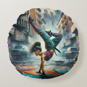 Female Breakdancer NYC – Urban B-Girl Art Round Pillow