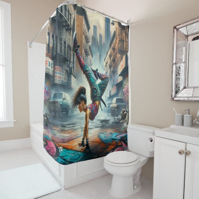 Female Breakdancer NYC – Urban B-Girl Art Shower Curtain (In Situ)