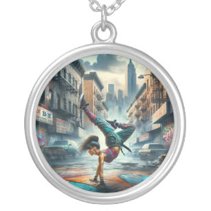 Female Breakdancer NYC – Urban B-Girl Art Silver Plated Necklace
