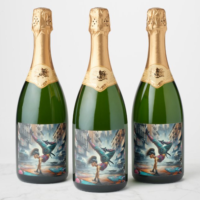 Female Breakdancer NYC – Urban B-Girl Art Sparkling Wine Label (Bottles)