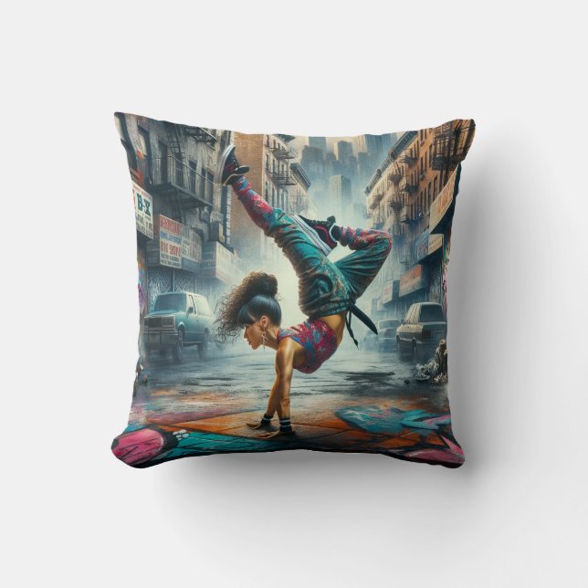 Female Breakdancer NYC – Urban B-Girl Art Throw Pillow (Front)