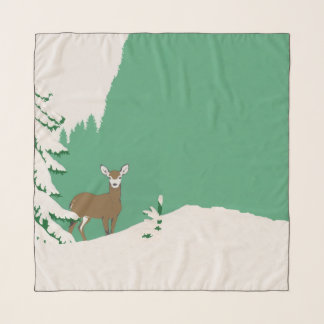 Female Brown Deer Standing in Snow Pine Tree Green Scarf