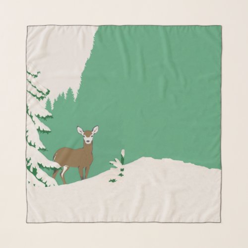 Female Brown Deer Standing in Snow Pine Tree Green Scarf