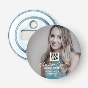 Female business boss add photo name q r code text bottle opener