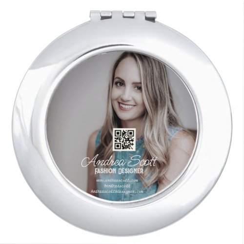 Female business boss add photo name q r code text compact mirror