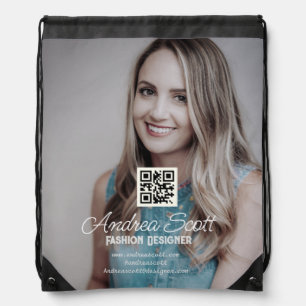 Female business boss add photo name q r code text drawstring bag