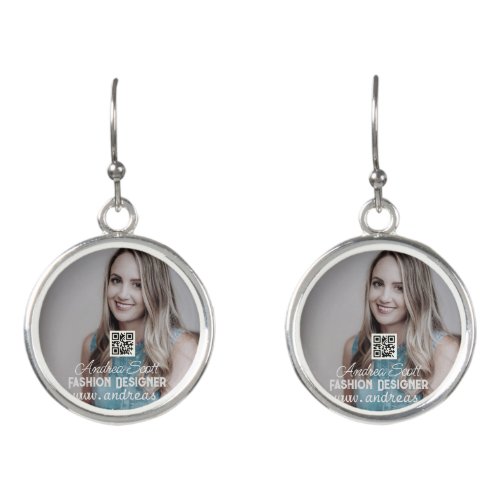 Female business boss add photo name q r code text earrings